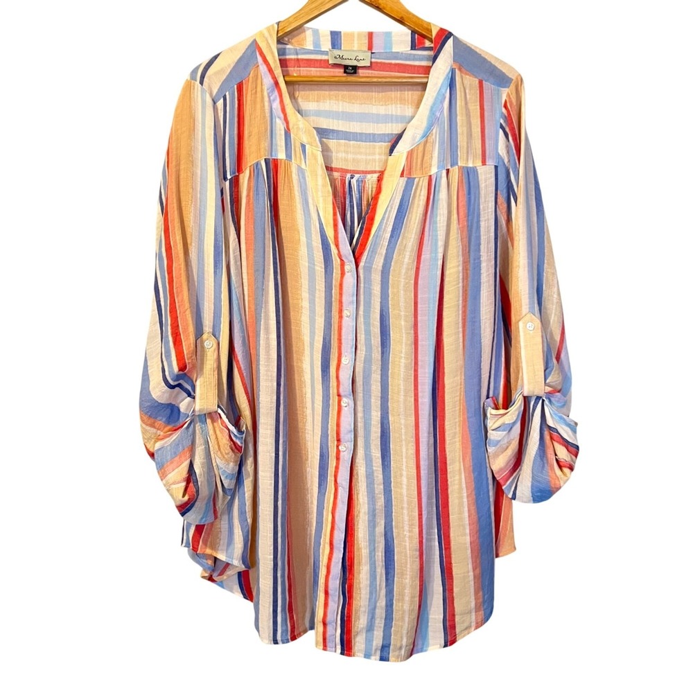 Meera Lane Colorful Lightweight Striped Button Down Blouse 2X Coastal‎ Breezy